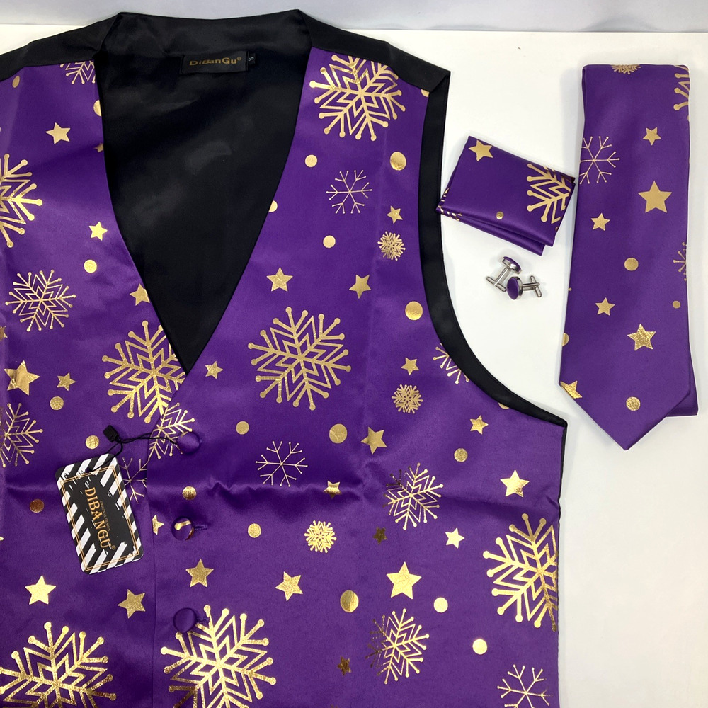 Christmas Men's Suit Vest Tie Set Formal Waistcoat Tuxedo Purple Festive sz S